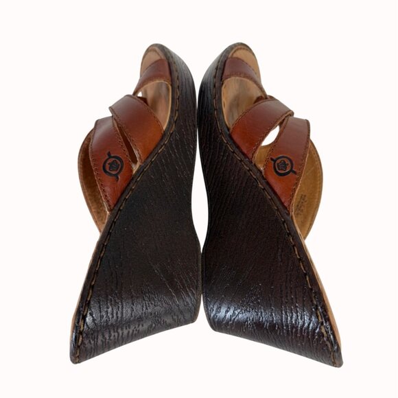 Born Leather Wedge Sandals Size 9 Brown Criss Cross Straps Open Toe Comfortable - Picture 7 of 13